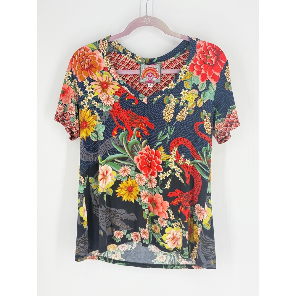 Johnny Was Janie Favorite Dragona Swing Tee Bamboo V-Neck Top Size S Bamboo Dark